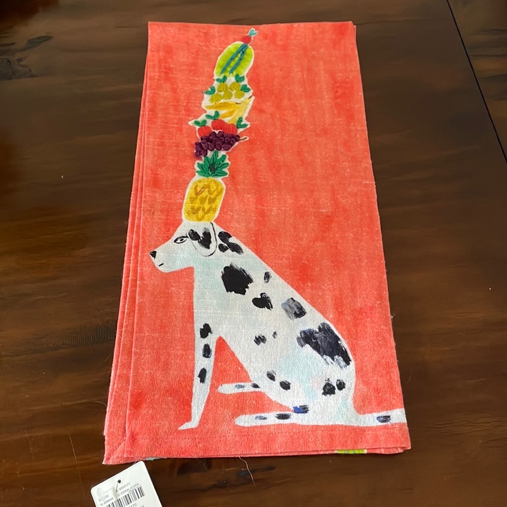 NEW Anthropologie Bailey Dog Fruit Kitchen Towel Embroidered - Coral - Picture 3 of 5